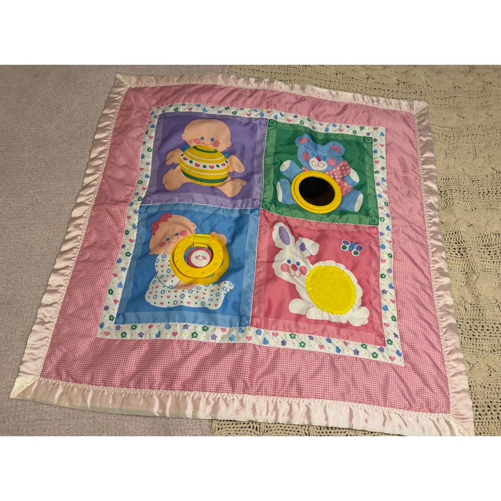 Vintage 1983 Fisher Price Baby Activity Play Mat Quilt Pink Blue Satin Trim 137